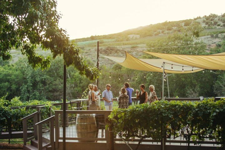 a group of people standing on top of a wooden fence