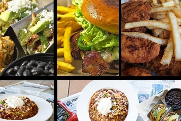 Collage of tacos, burger, fried chicken with fries, and chili with sour cream.